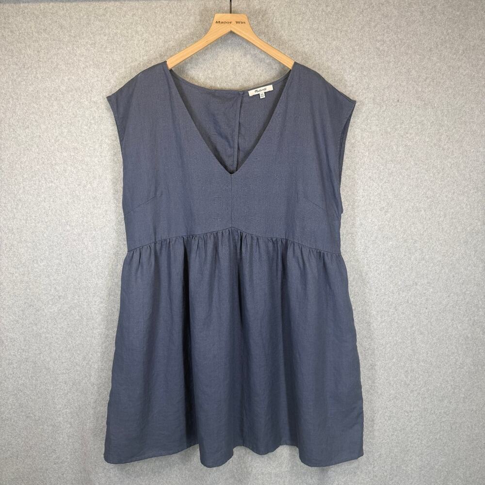 Madewell Dress Women's XXL Blue 100% Linen Sleeveless V-Neck Mini Pockets Zipper